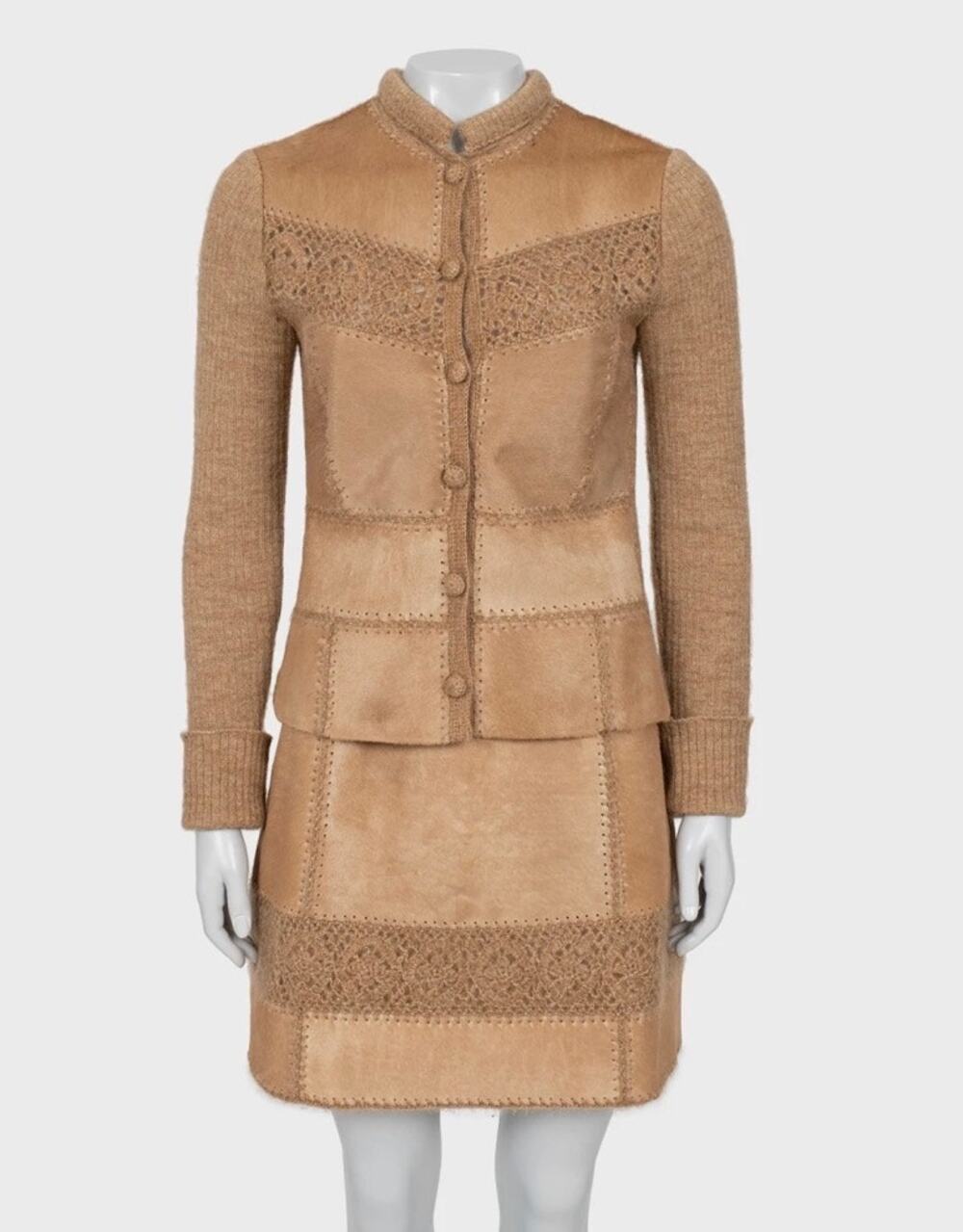 Escada Vintage Brown Suit Skirt Jacket Leather Trim S EU 36